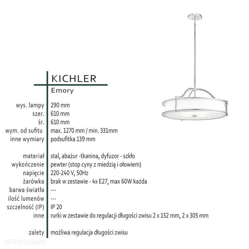 Сучасний підвісний світильник 61см (олово - скло) для кухні, їдальні, вітальні (4xE27) Kichler (Emory)