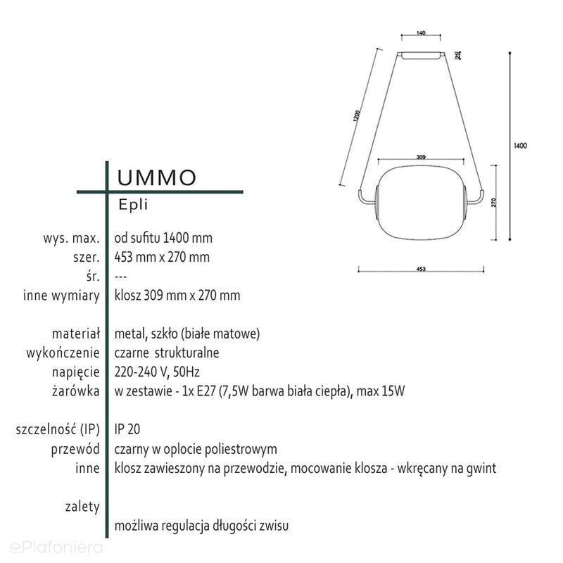 Сучасний горизонтальний світильник Epli - підвісний білий абажур Ummo