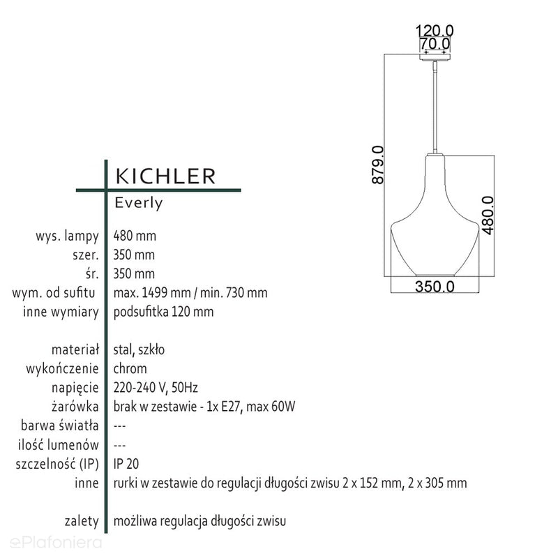 Світильник підвісний сучасний, скло 35см (хром) для кухні, вітальні, ресторану (1xE27) Kichler (Everly)