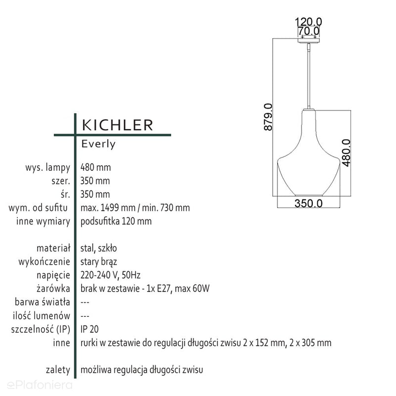 Підвісний світильник Modern Everly, скло 35см (стара бронза) для кухні, вітальні, ресторану - Kichler