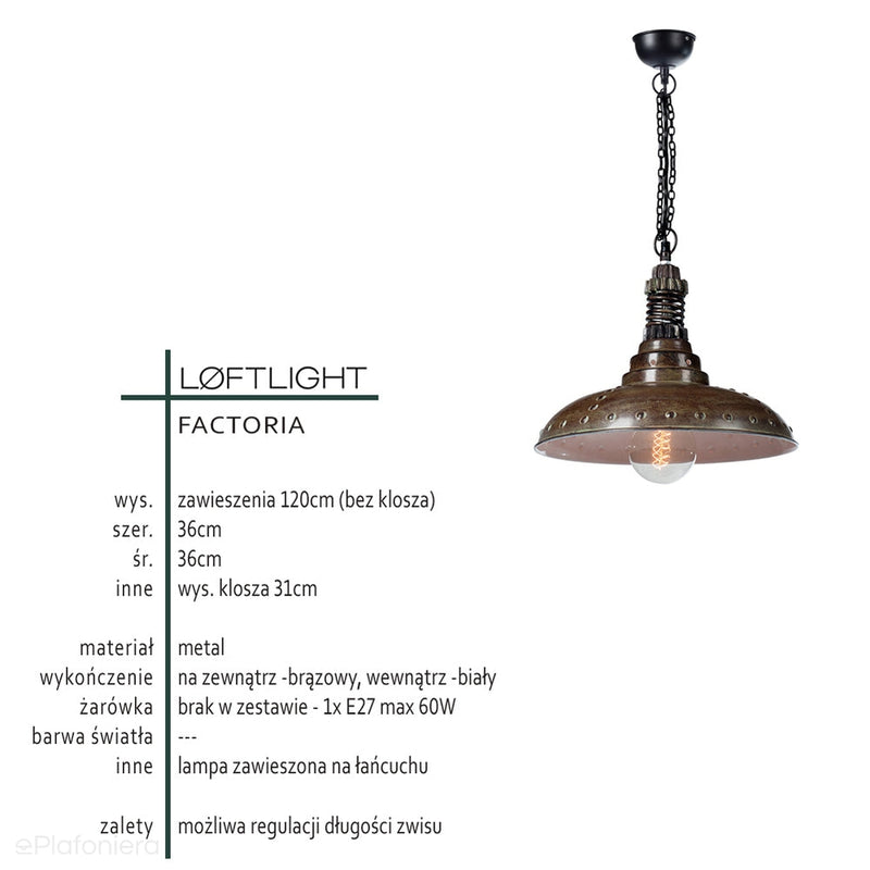Світильник промисловий підвісний металевий, лофт для вітальні, кухні, 36см, Loftlight (Factoria)