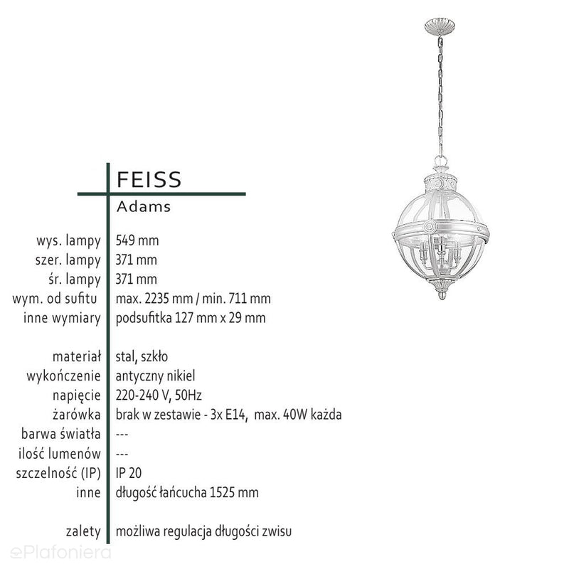 Світильник підвісний куля 37см (метал - скло) античний нікель, для вітальні, спальні (3хЕ14) Feiss (Adams)