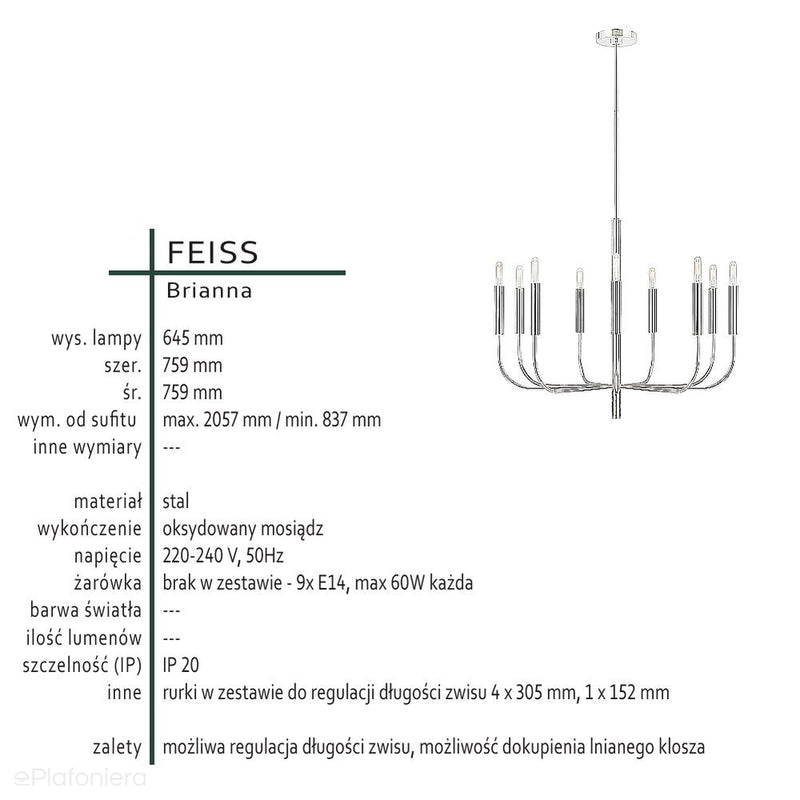 Сучасний підвісний світильник (свічник 9хЕ14) для спальні вітальні (оксидована латунь) Feiss (Brianna)
