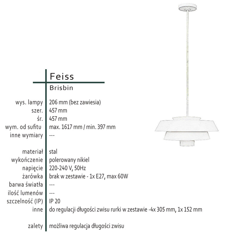 Сучасний металевий світильник над столом для спальні вітальні (нікель) 1xE27, Feiss (Brisbin)