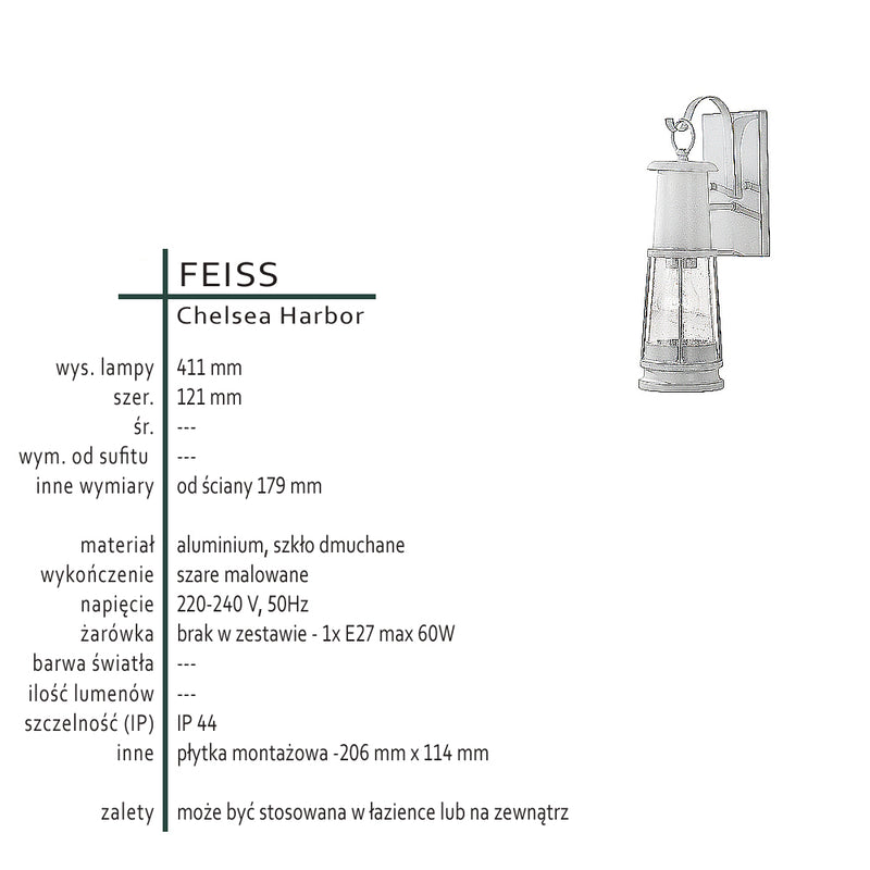 Настінний світильник loft metal - старовинний ліхтар 1xE27, Feiss (Chelsea Harbour)