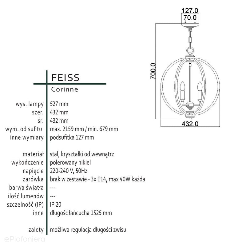 Світильник підвісний металевий 43см (ажурна куля - нікель) для кухні, вітальні, спальні (3хЕ14) Feiss (Corinne)