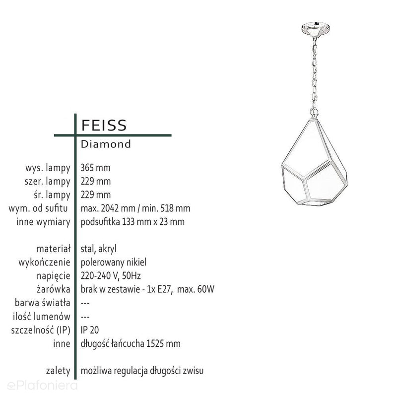 Підвісний світильник - діамант 23см (акрил, нікель) для спальні вітальні (1xE27) Feiss (Діамант)