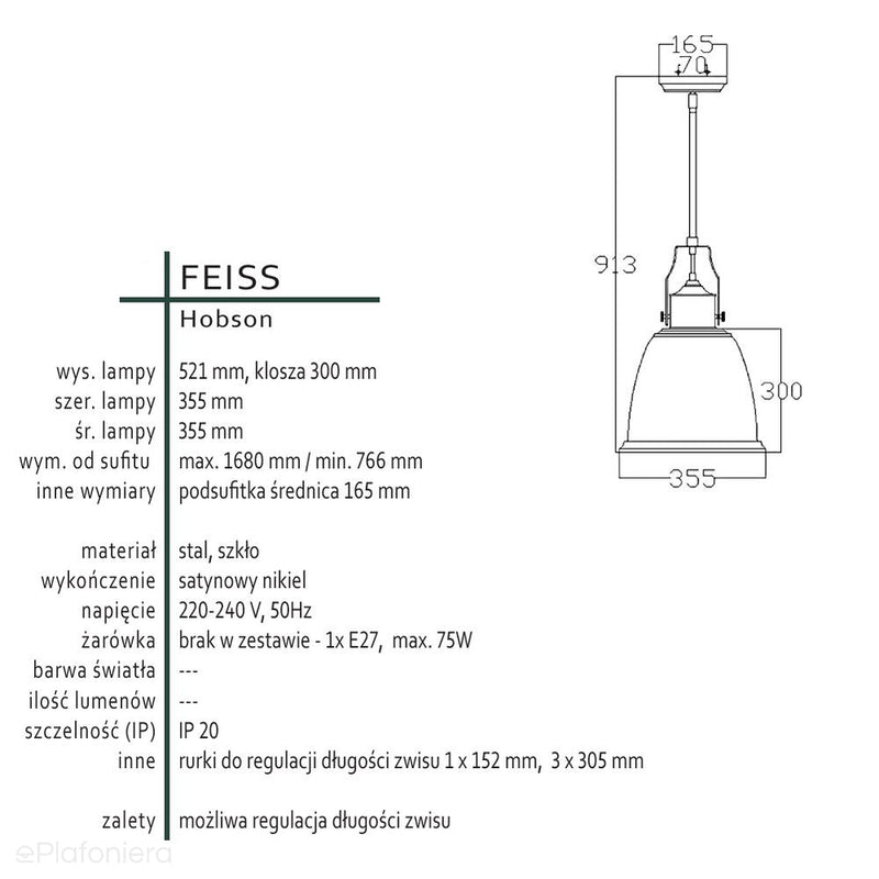 Світильник металевий - скло, 35см (сатин нікель) для кухні-вітальні (1xE27) Feiss (Hobson)