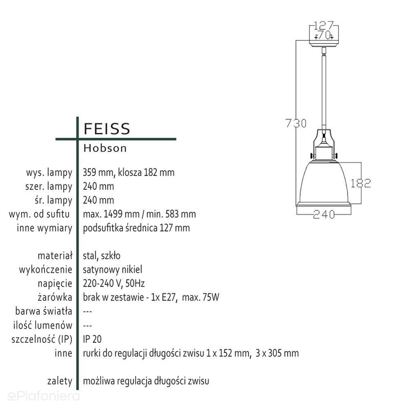 Світильник металевий - скло, 24см (сатин нікель) для кухні-вітальні (1xE27) Feiss (Hobson)