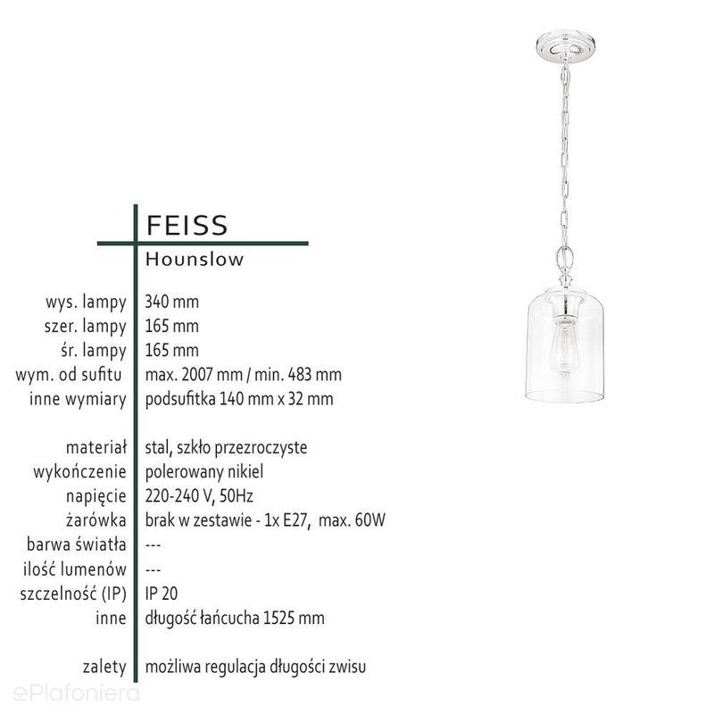 Скляний підвісний світильник Hounslow (полірований нікель) - Feiss (1xE27)