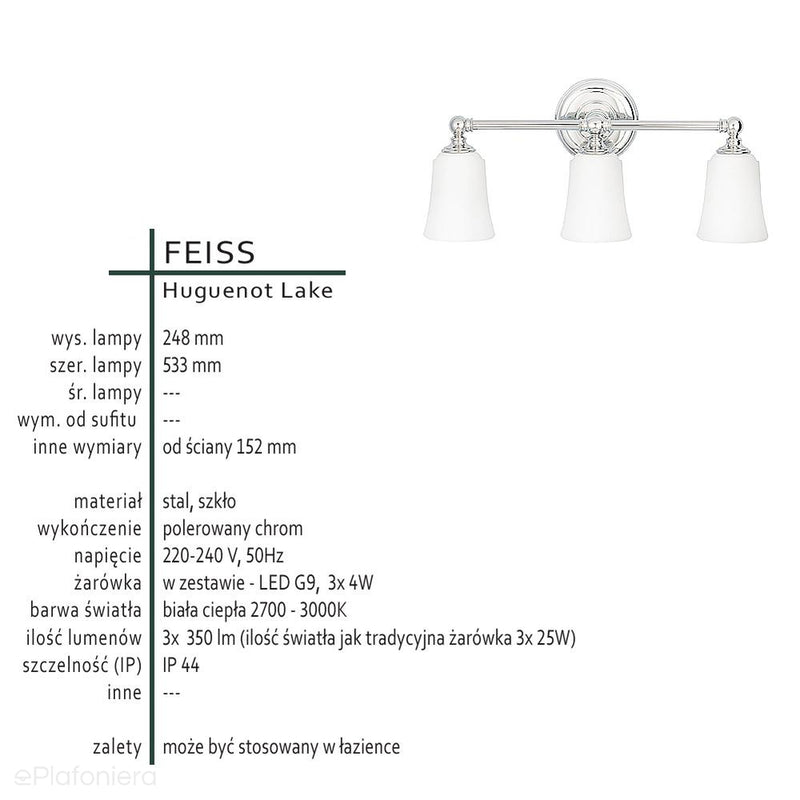 Світильник для ванної (молочне скло, хром) світильник для ванної (G9 3x4W) Feiss (Huguenot)