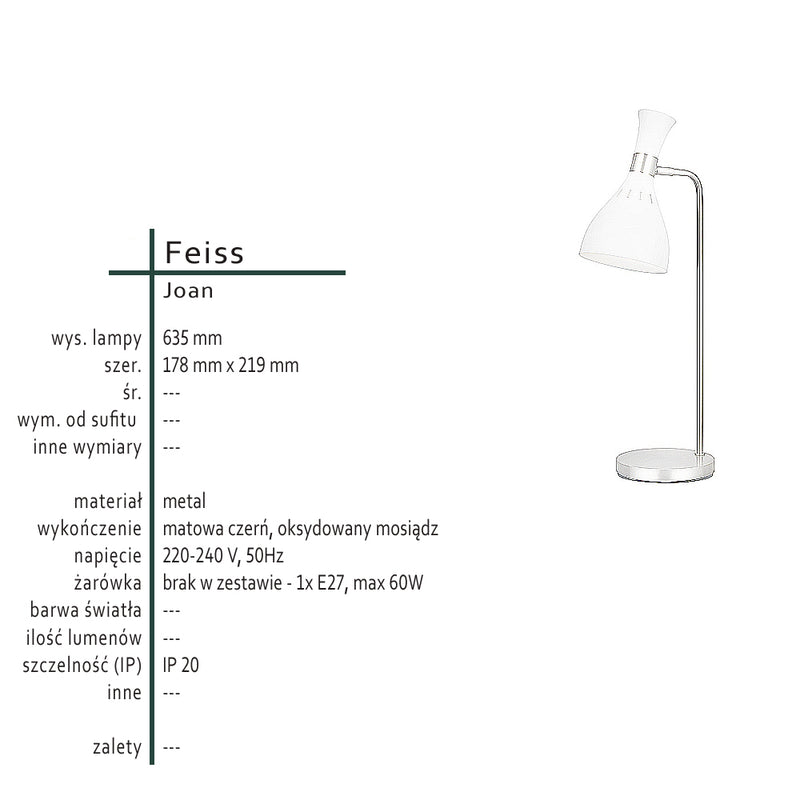 Настільна металева лампа для спальні вітальні чорна, 1xE27 Feiss (Joan)