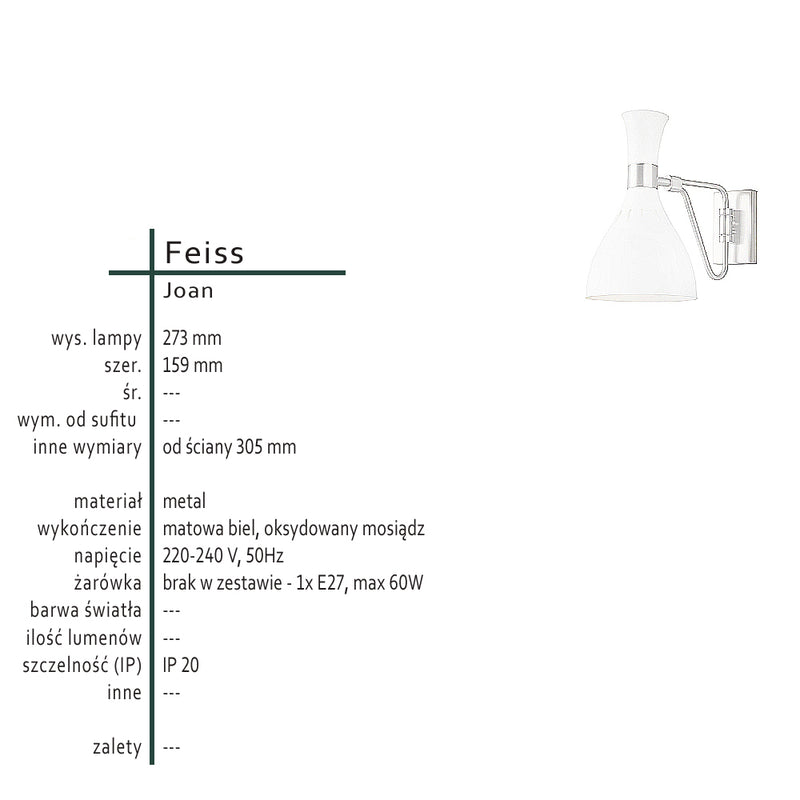 Білий металевий настінний світильник для вітальні спальні, 1xE27 Feiss (Joan)