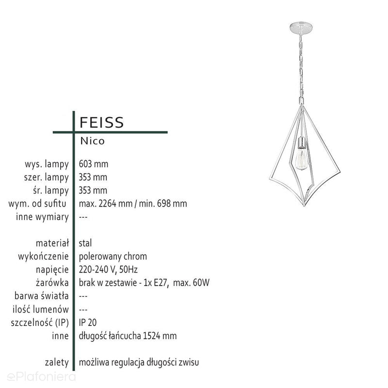 Хромований підвісний світильник Nico (полірований хром) - Feiss, 35x60см / 1xE27