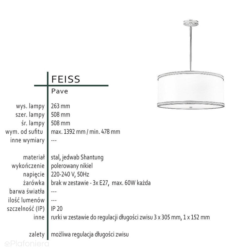Світильник підвісний 50см - абажур (нікель, шовк) для вітальні, спальні, кухні (3xE27) Feiss (Pave)