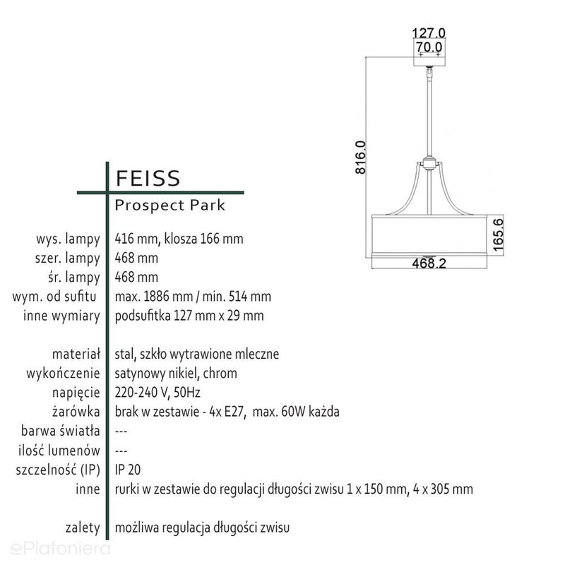 Світильник підвісний 47см - (скло, хром, нікель) для кухні, вітальні, спальні (4xE27) Feiss (Проспект)