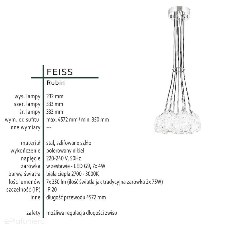 Рубінова люстра / підвісний світильник (гранене скло, нікель) - Feiss (G9 7x4W)