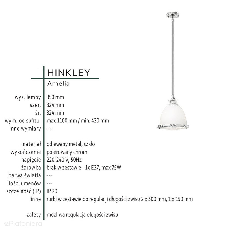 Світильник зі скляним розсіювачем 32см - підвісний (скло - хром) для кухні-вітальні (1xE27) Hinkley (Amelia)