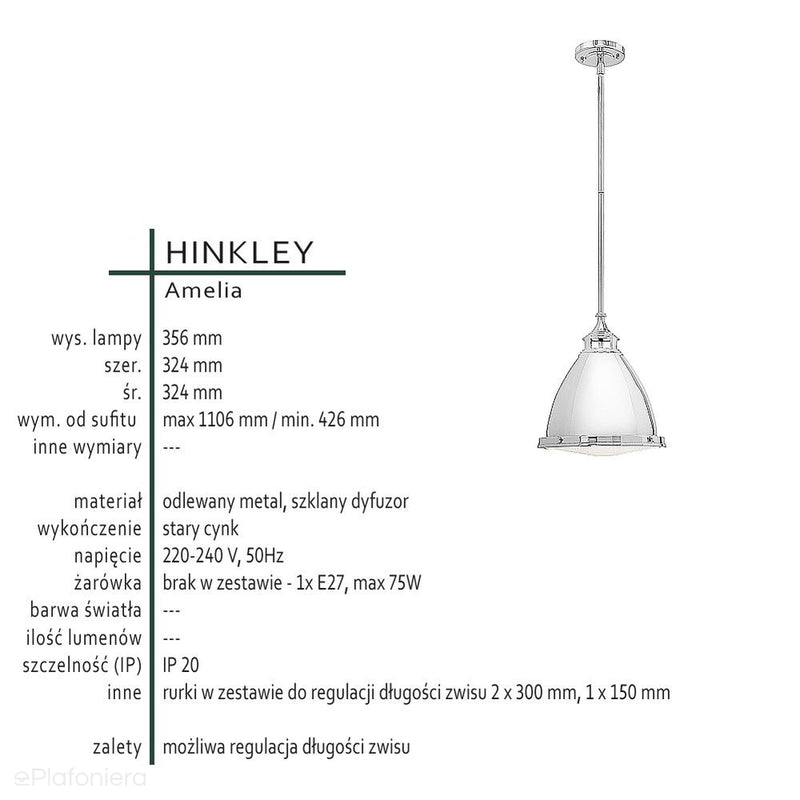 Світильник зі скляним розсіювачем 32см - підвісний (старий цинк) для кухні-вітальні (1xE27) Hinkley (Amelia)