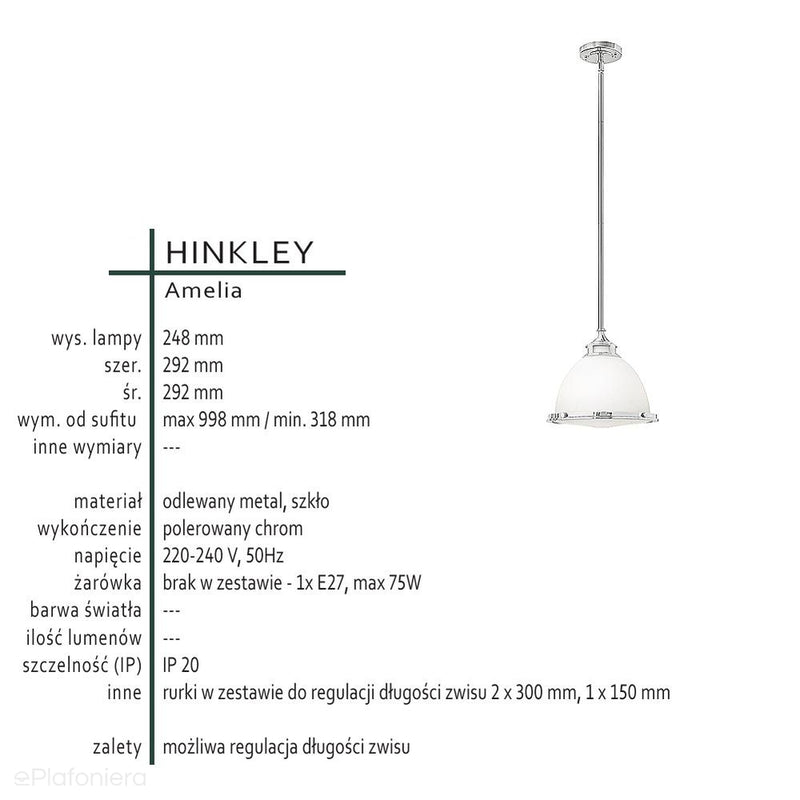 Світильник зі скляним розсіювачем 29см - підвісний (скло - хром) для кухні-вітальні (1xE27) Hinkley (Amelia)