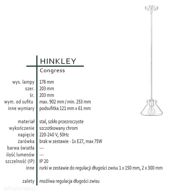 Світильник конгрес підвісний (хром матовий) - Хінклі, абажур одинарний 20 см, 1xE27