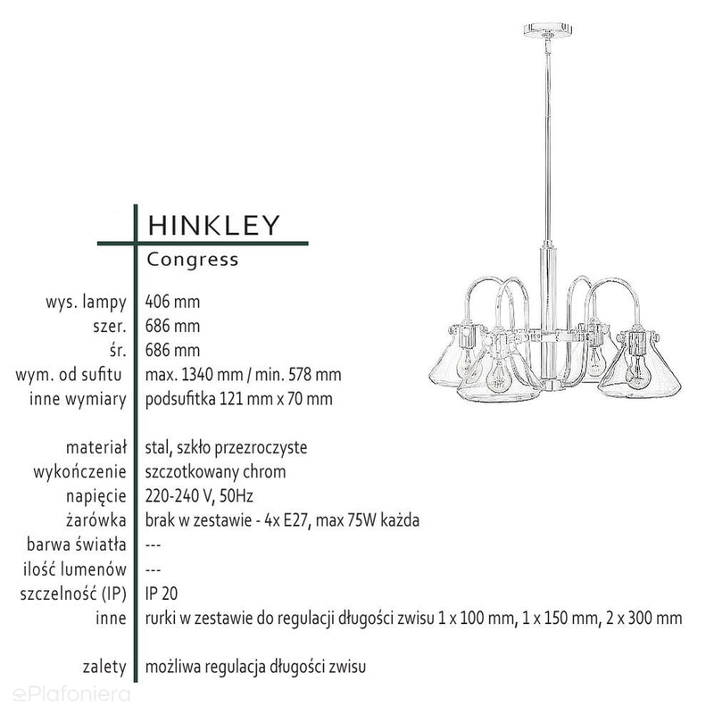Підвісний світильник (хром) люстра - плафон 20см для вітальні, кухні, спальні (4xE27) Hinkley (Congress)