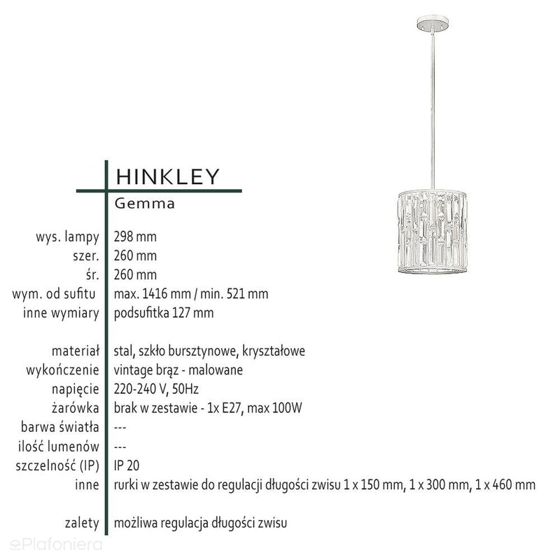 Світильник підвісний 26см (вінтажний коричневий, бурштин, кристали) для вітальні, спальні (1xE27) Hinkley (Gemma)