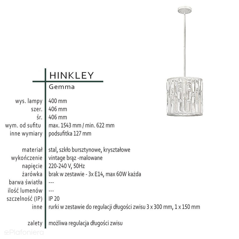 Підвісний світильник Gemma з бурштином і кришталем - Hinkley 40см (вінтажний коричневий, бурштин, кристали, 3xE14)