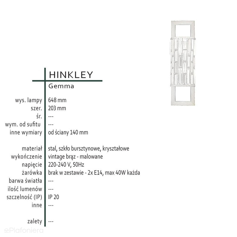 Настінний світильник Gemma з кристалами - Хінклі (вінтажний коричневий, бурштин, кристали) 20x65см / 2xE14