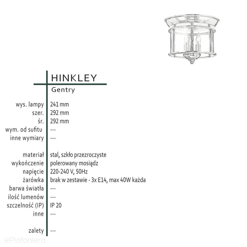 Латунний стельовий ліхтар Gentry / стельовий світильник для вітальні / кухні / спальні / ванної - Hinkley, 29 см