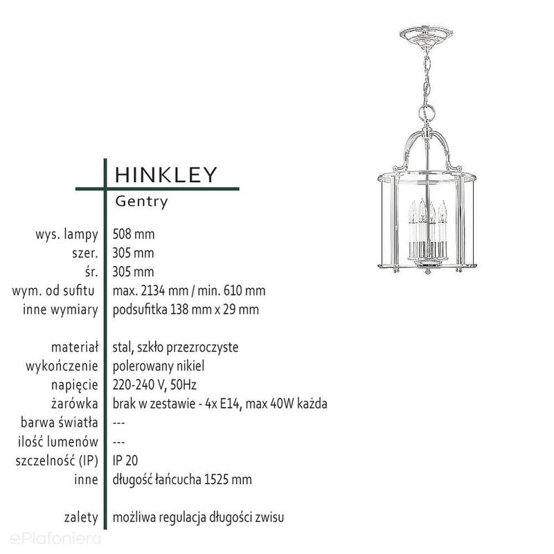 Ліхтар підвісний 30см (нікель) світильник для вітальні кухня спальня ванна кімната (4xE14) Хінклі (Джентрі)
