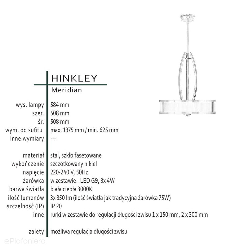 Підвісний світильник, люстра Меридіан - Хінклі (50см, нікель) для кухні, вітальні, спальні (G9 3x4W)