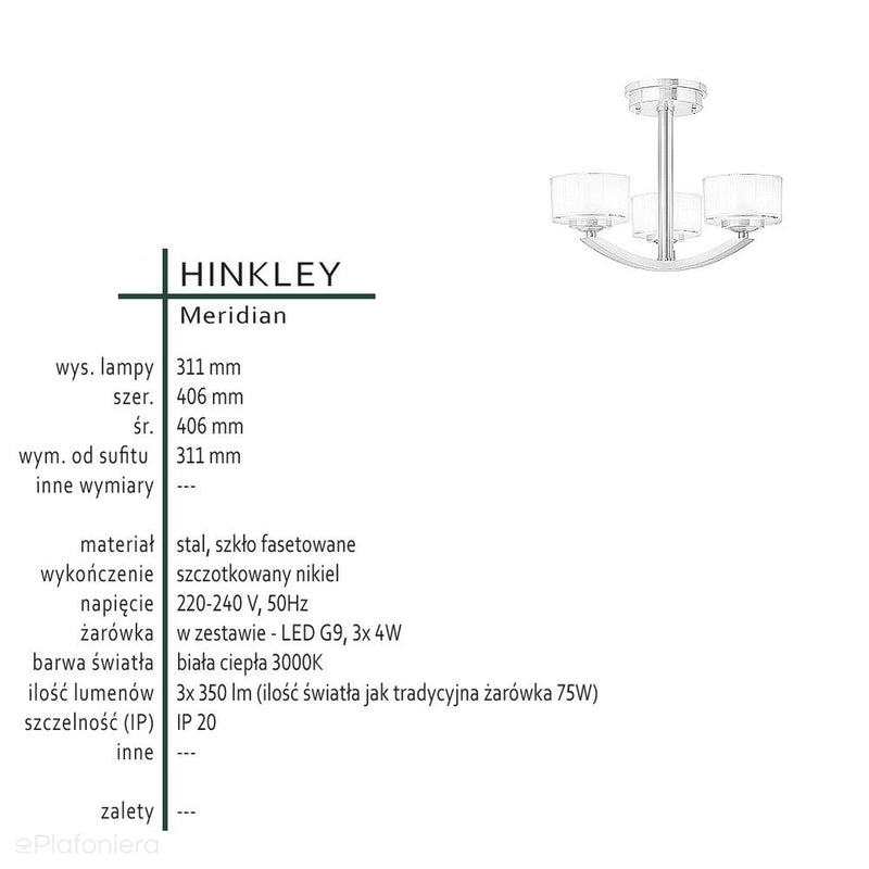 Класичний стельовий світильник Meridian, що світить вгору - Hinkley (LED / теплий колір / 40см, нікель / G9 3x4W)