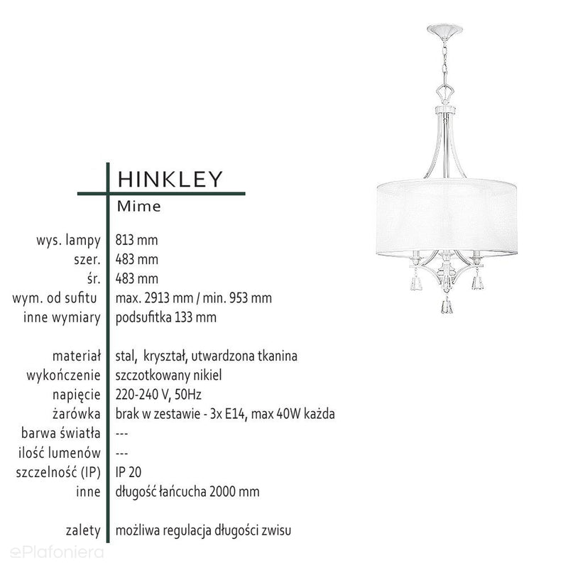Світильник підвісний 48см (нікель, загартований абажур, кристали) для вітальні спальні (3хЕ14) Hinkley (Mime)