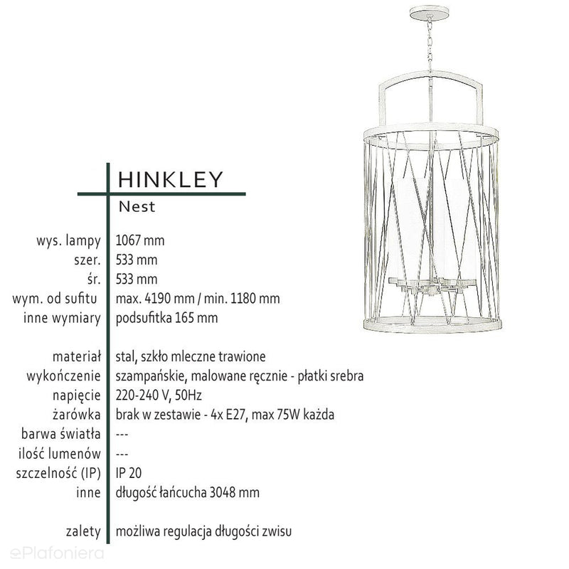 Металевий підвісний світильник Nest зі срібними пластівцями - Hinkley, світильник для вітальні / кухні / спальні (4xE27, 53 см)
