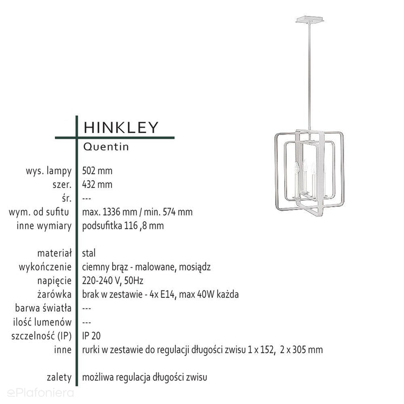 Підвісний світильник Quentin loft для вітальні / їдальні - Hinkley, висота 50см (темно-коричневий + латунь)