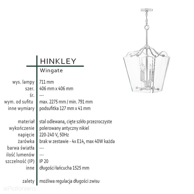 Скляний підвісний світильник (40х40см) свічник для вітальні, кухні, спальні (4хЕ14) Hinkley (Wingate)