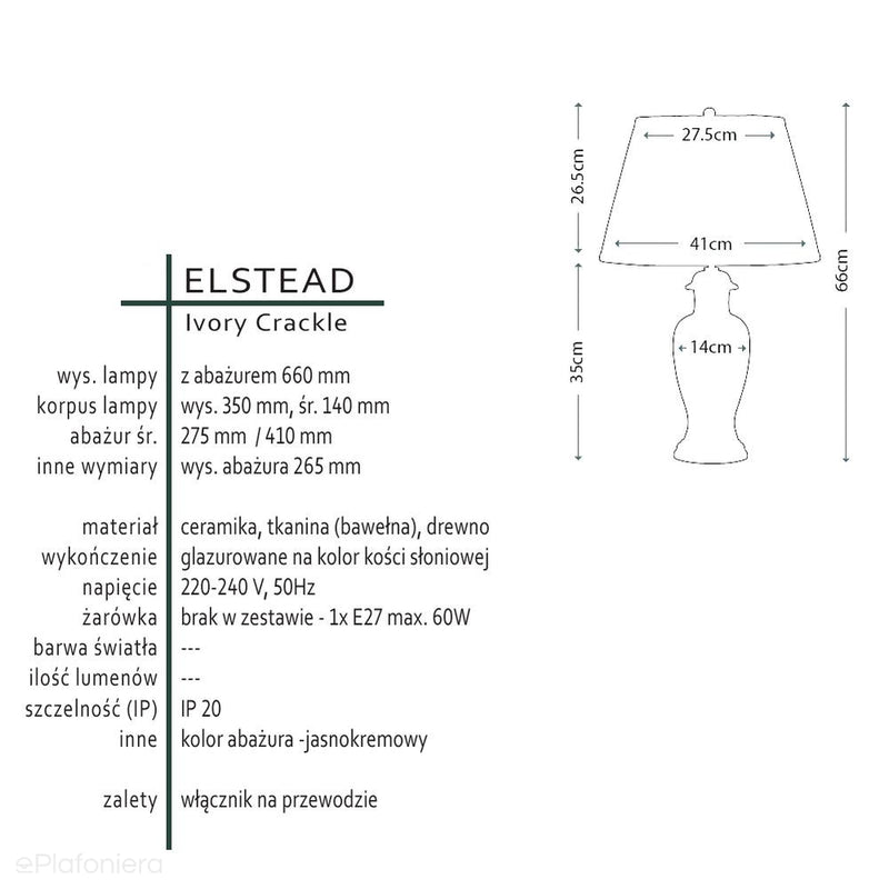 Настільна порцелянова лампа кольору слонової кістки - Elstead Lighting