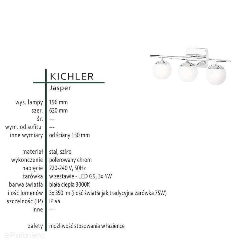 Хромований світильник для ванної Jasper, Kichler - 3 кулі
