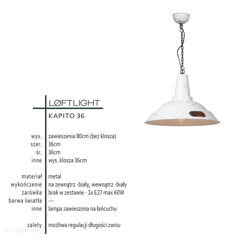 Модний світильник (білий) для кухні, їдальні та вітальні Kapito 36см LoftLight