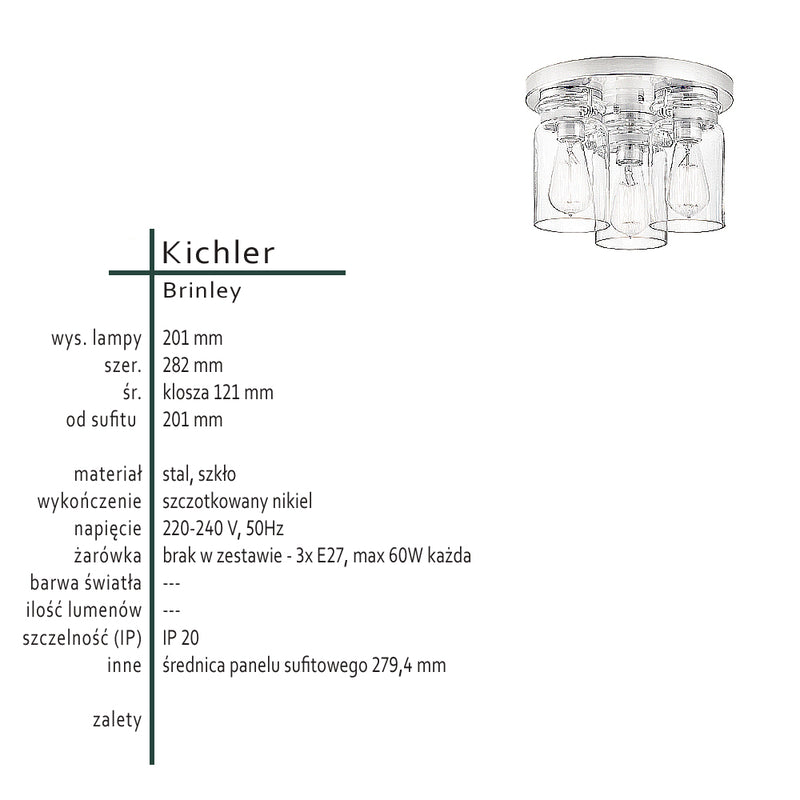 Стельовий світильник зі скляним плафоном (нікель), стельовий світильник для кухні, вітальні, 1xE27, Kichler (Brinley)