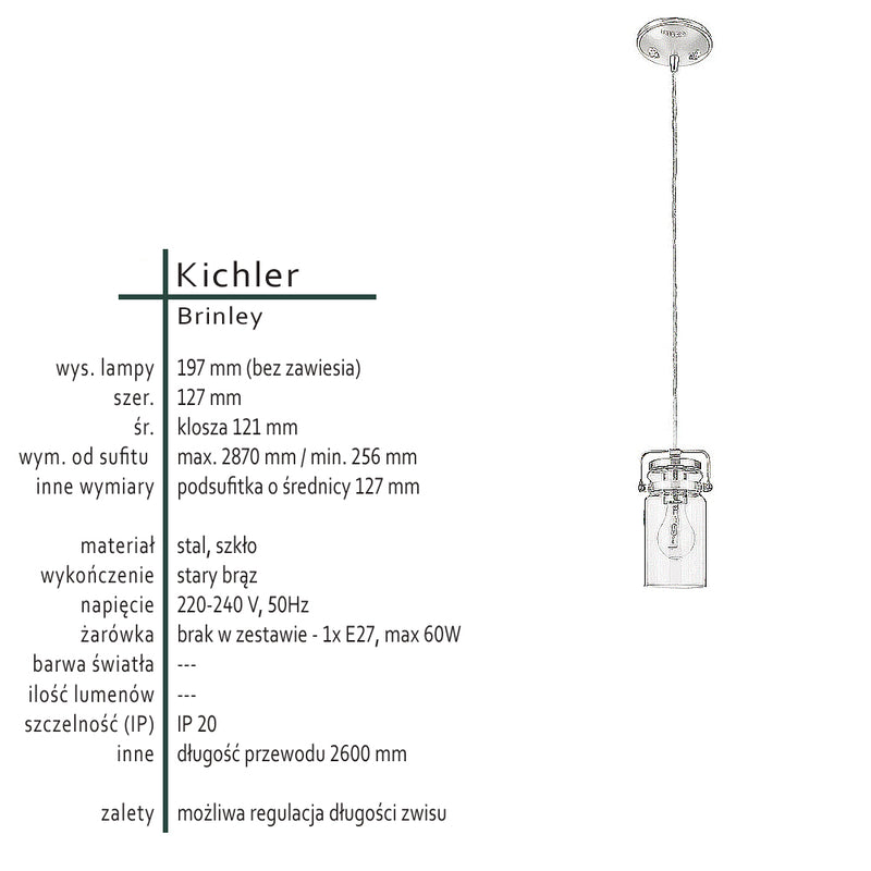 Підвісний світильник зі скляним плафоном (стара бронза) для кухні-вітальні 1xE27, Kichler (Brinley)