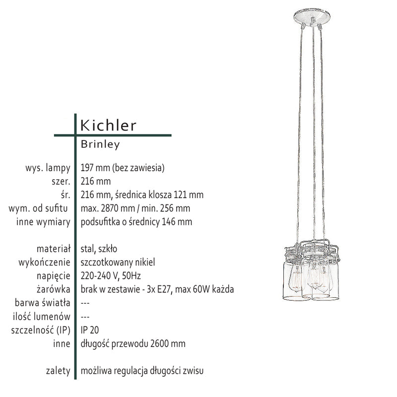 Підвісний світильник зі скляним плафоном (нікель) для кухні-вітальні 3xE27, Kichler (Brinley)
