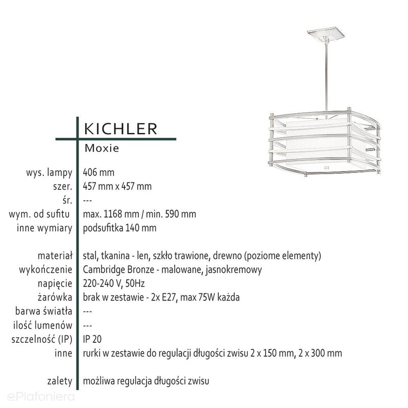 Світильник в стилі ретро для вітальні та спальні з лляним абажуром 45 см - Moxie, Kichler