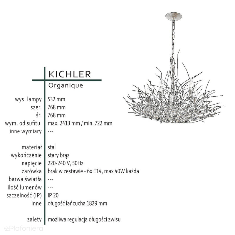 Підвісний світильник - стара бронза (76см) для вітальні, спальні, ванної (6xE14) Kichler (Organique)