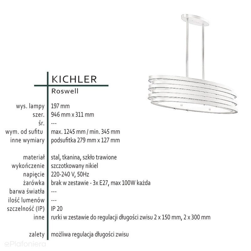 Світильник металевий 95х30см, підвісний - нікель, люстра для спальні вітальні (3xE27) Kichler (Roswell)