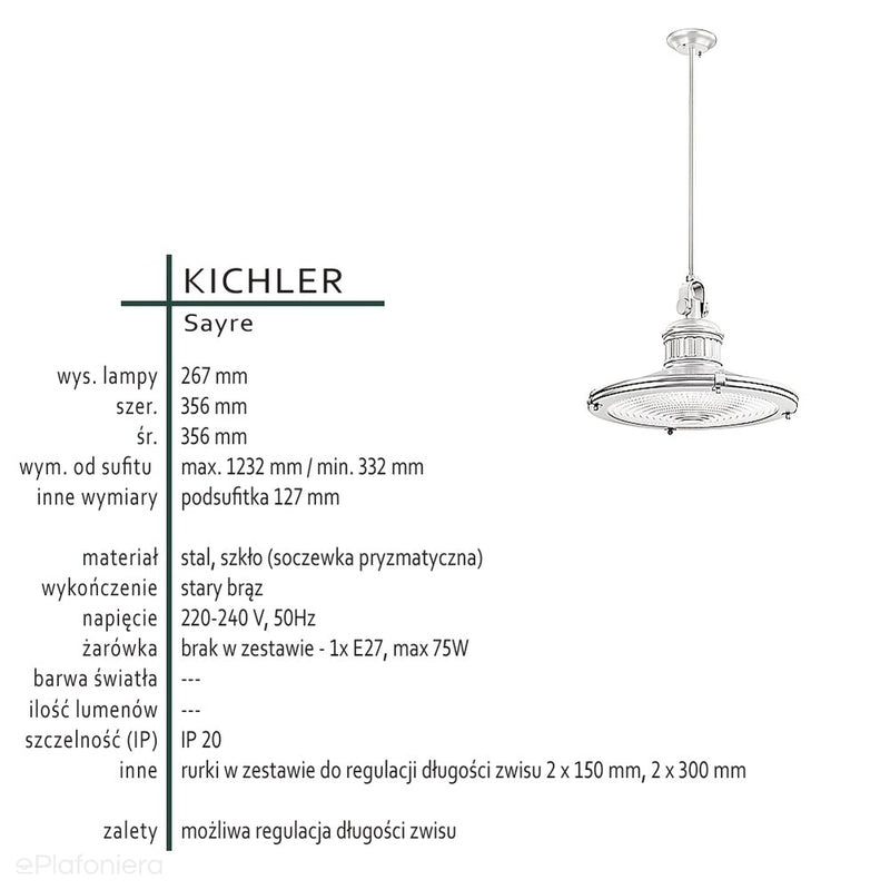 Підвісний світильник лофт / вінтаж Sayre - Kichler, 35 см, 1xE27 (стара бронза)