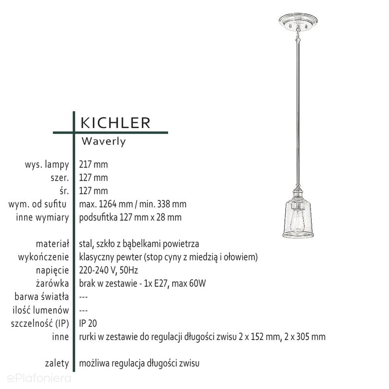 Світильник підвісний одинарний - вінтаж (олов'яний, 13см) для кухні, спальні, ванної (1xE27) Kichler (Waverly)