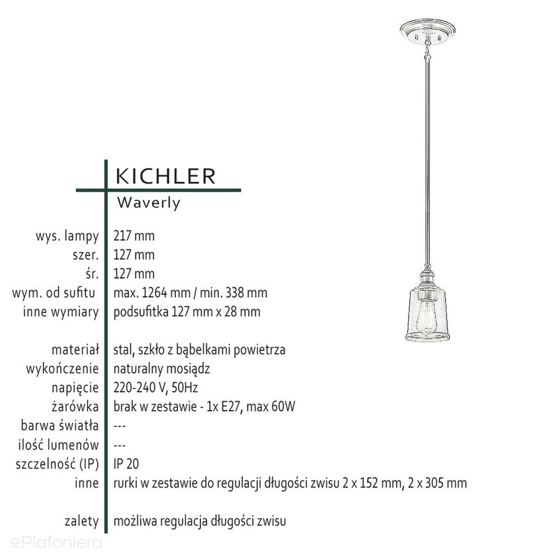Підвісний одинарний латунний світильник Waverly - Kichler / 13см / 1xE27