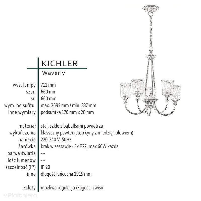 Люстра підвісна - вінтажна (олово, 66см) для вітальні, спальні, ванної кімнати (5xE27) Kichler (Waverly)